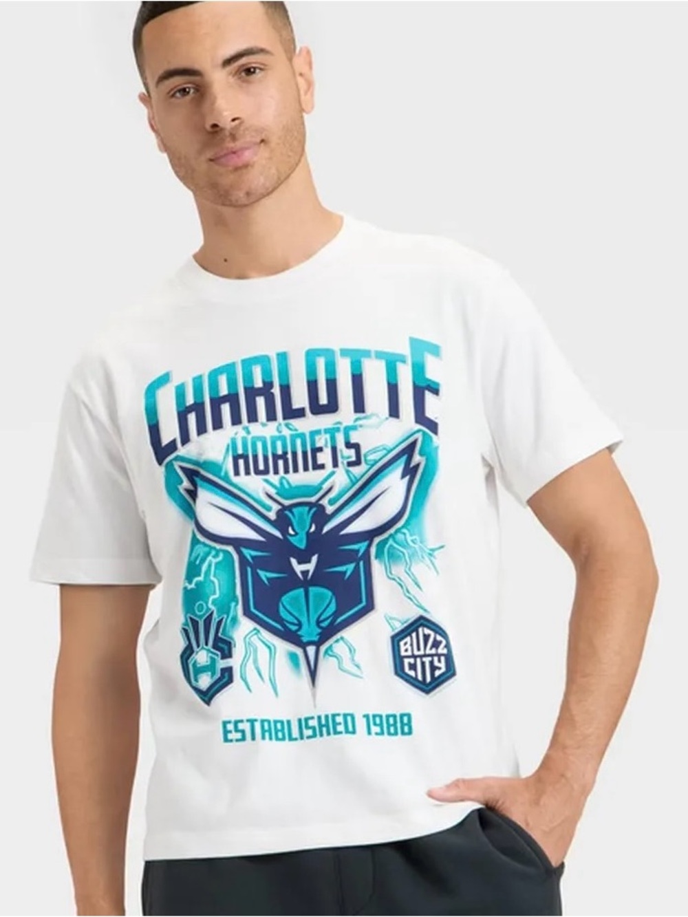 NBA Charlotte Hornets Tee - White with Teal & Navy